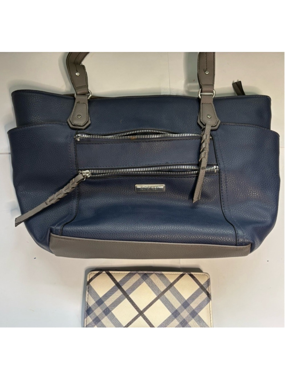 Rosetti Navy Blue Tote Shoulder Bag Purse Braided Safe Keeper Plaid Wallet Set